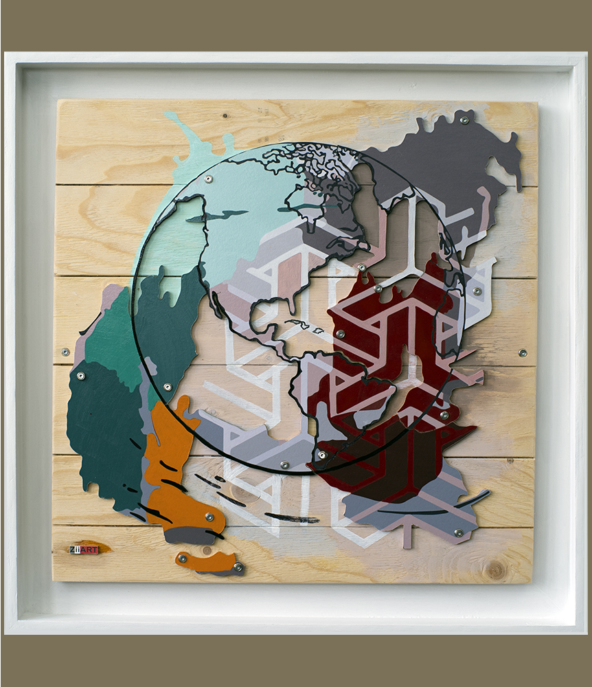 Assemblage et peinture sur fond bois.
