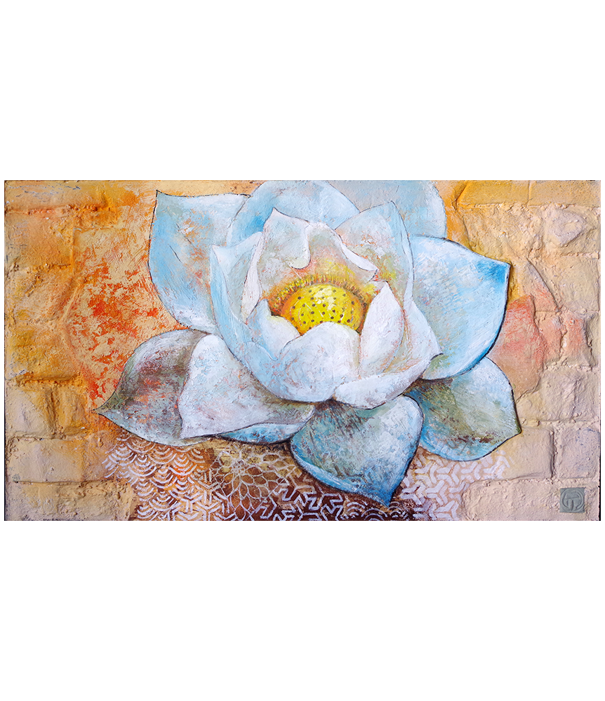 Des couleurs vives , orange, jaune, blanc et bleu donne chaleur et contraste au tableau.