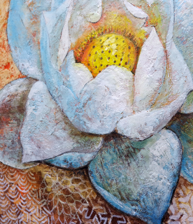 Détail de la fleur de lotus et de la technique picturale.