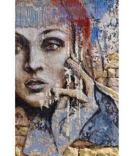 Détail du tableau, du dessin de la peinture de couleurs rouge et bleu.