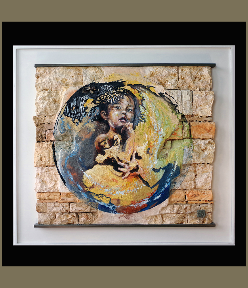 Grande œuvre de sculpture murale avec son cadre 110 x 100 cm.