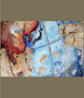 Une vue rapproché pour cette peinture de couleur bleu et de nuances de rouges.